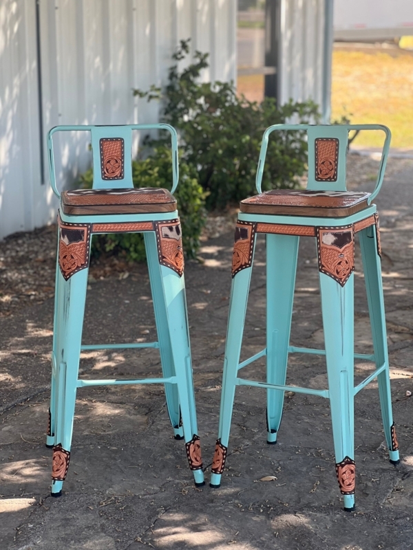 Bar Stool Tooled Leather Accents Cowhide Seat Rustic Western