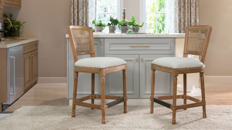Bar Stool, Traditional Cane Back, Neutral Upholstery, Nailhead Trim Details