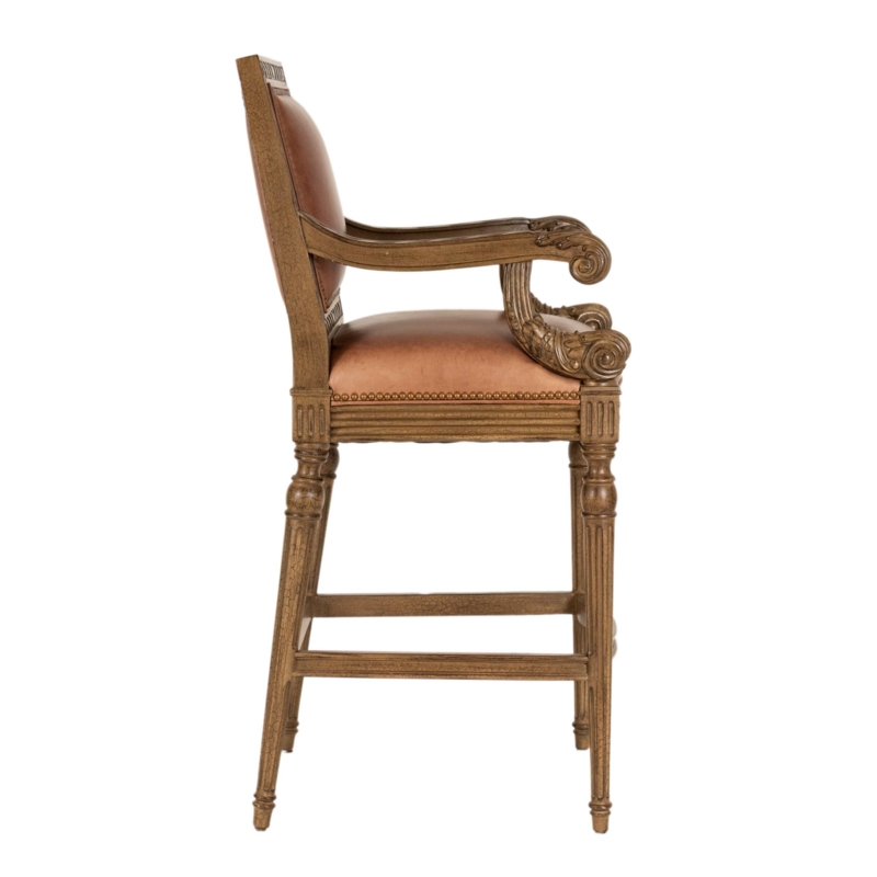 Bar Stool Traditional Leather Like Fluted Legs Scrolled Arms