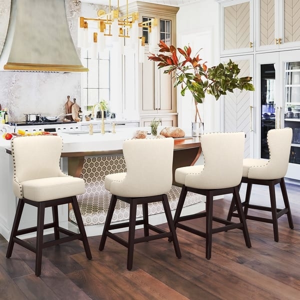 Bar Stool, Transitional Swivel, Cream Upholstery, Dark Wood, Nailhead Trim