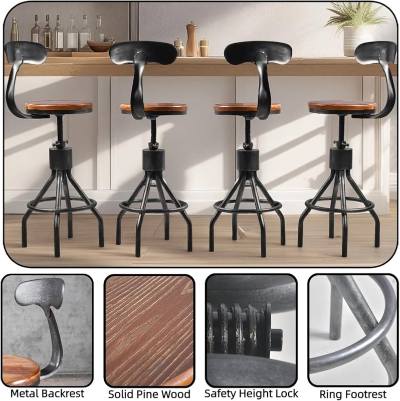 Bar Stool Tripod Base Curved Backrest Swivel Height Adjustment Black