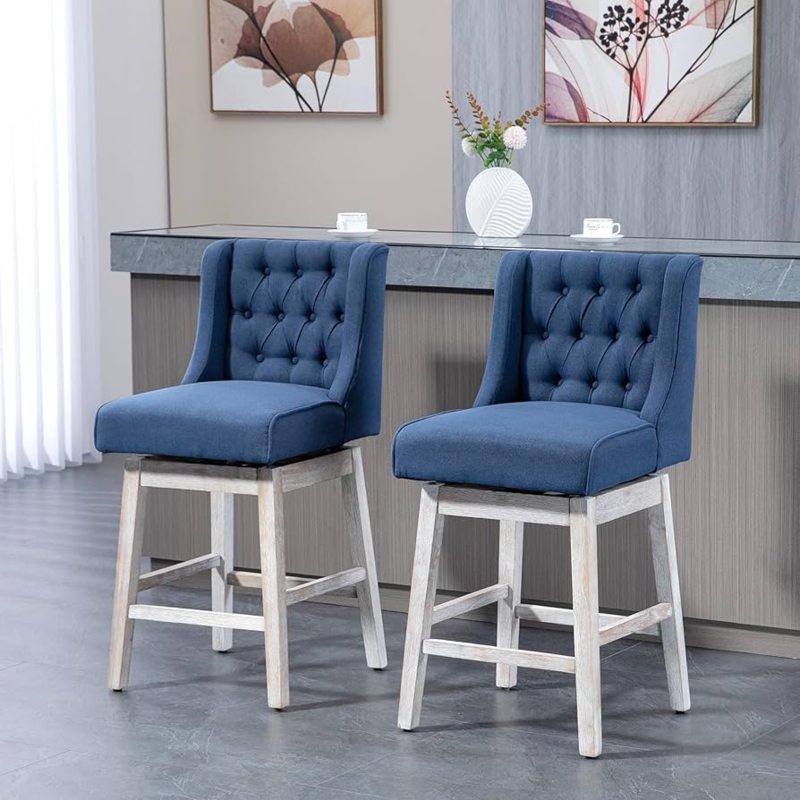 Bar Stool, Tufted Navy Wingback, Whitewashed Legs, Swivel