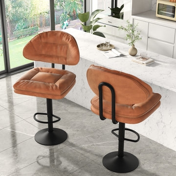 Bar Stool U Shaped Back Support Cognac Faux Leather Swivel Pedestal