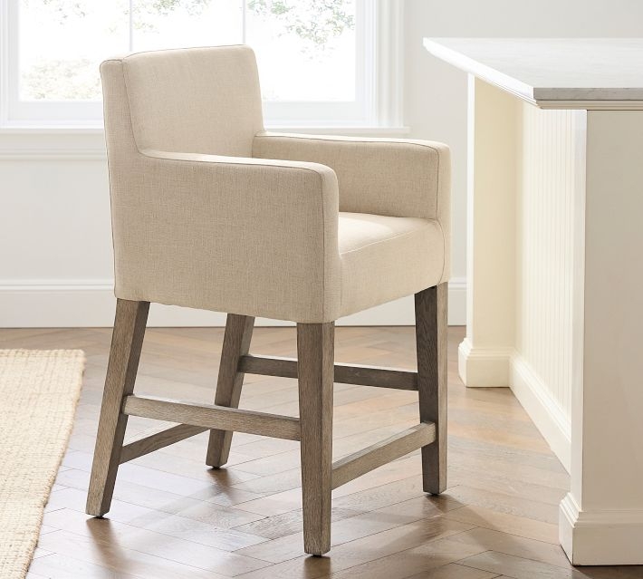 Bar Stool Upholstered Arms Driftwood Finish Transitional