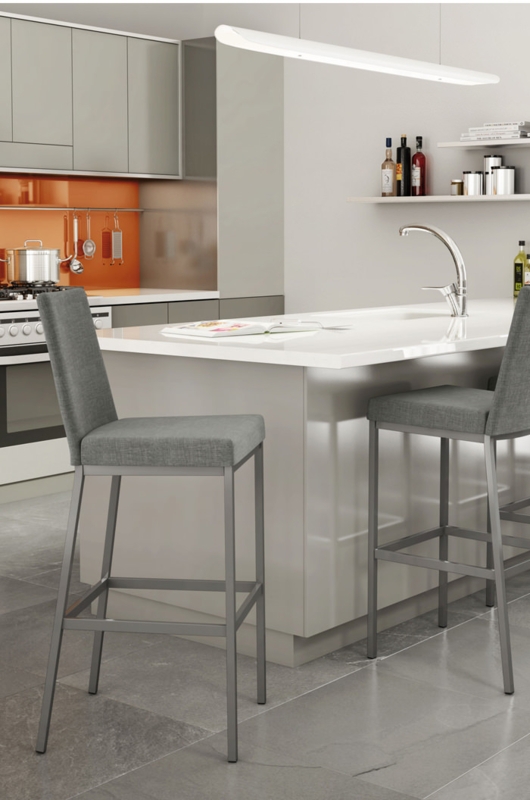 Bar Stool: Upholstered Grey Bar Stools, Slim Metal Frame, High Back