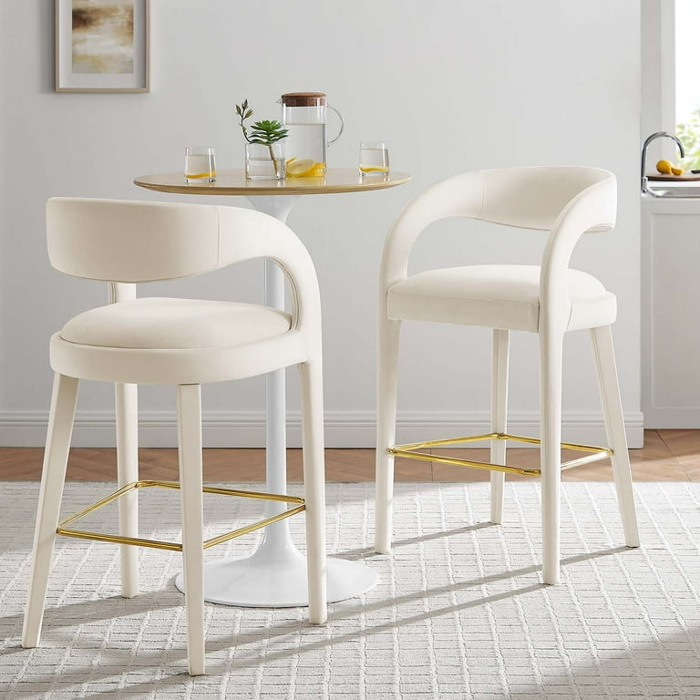 Bar Stool Velvet Curved Open Back with Polished Gold Footrest