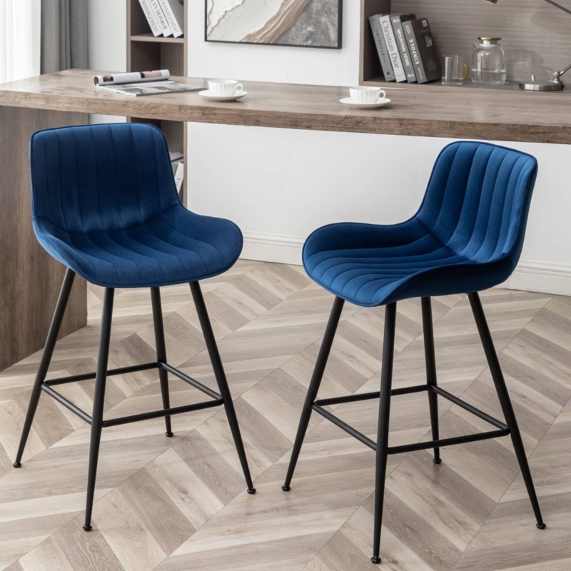 Bar Stool Vertical Ribbed Velvet Black Matte Legs