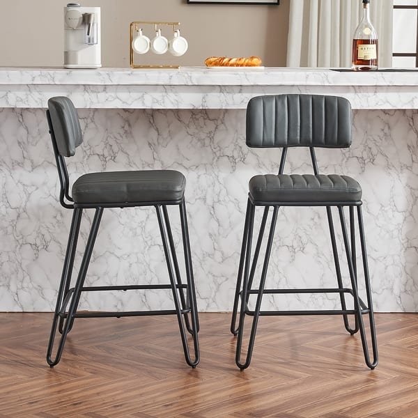 Bar Stool Vertical Ribbing Slender Metal Frame Charcoal Grey Modern