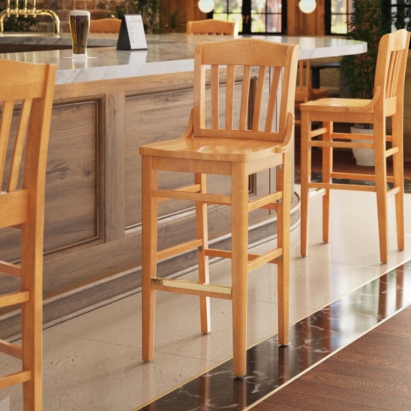 Bar Stool Vertical Slat Back Natural Finish Wood Metallic Kick Plate