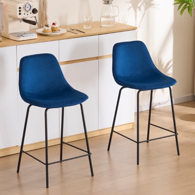 Bar Stool, Vibrant Blue Velvet, Slim Black Legs, Mid-Century Modern