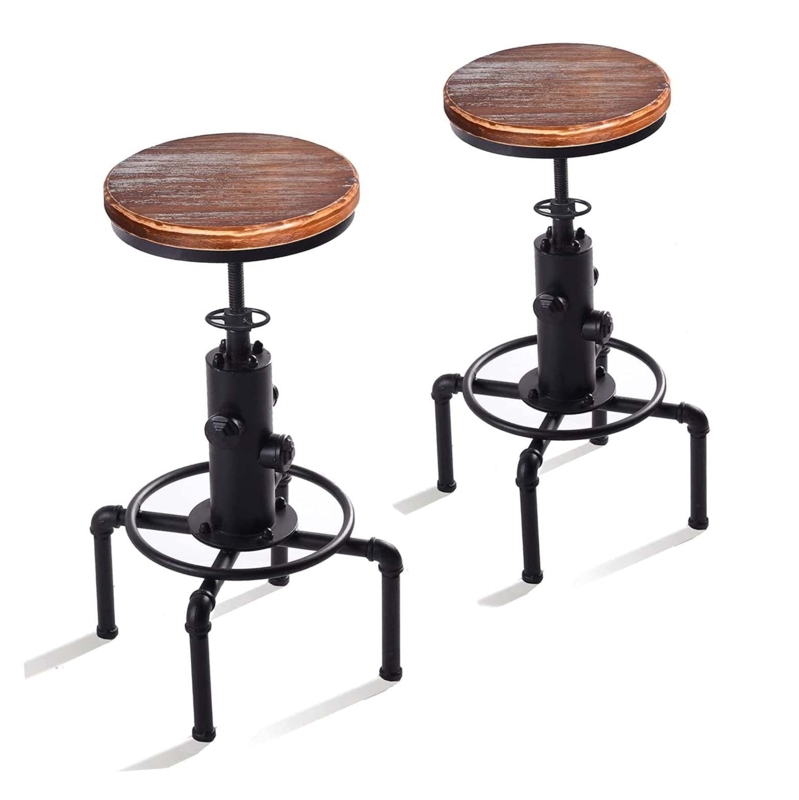Bar Stool Vintage Industrial Wood and Metal Contrast Pipe Base Adjustable