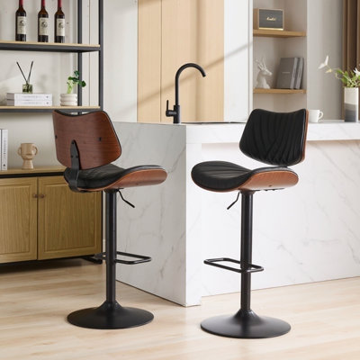 Bar Stool Walnut Bentwood Ribbed Leather Swivel Adjustable Pedestal