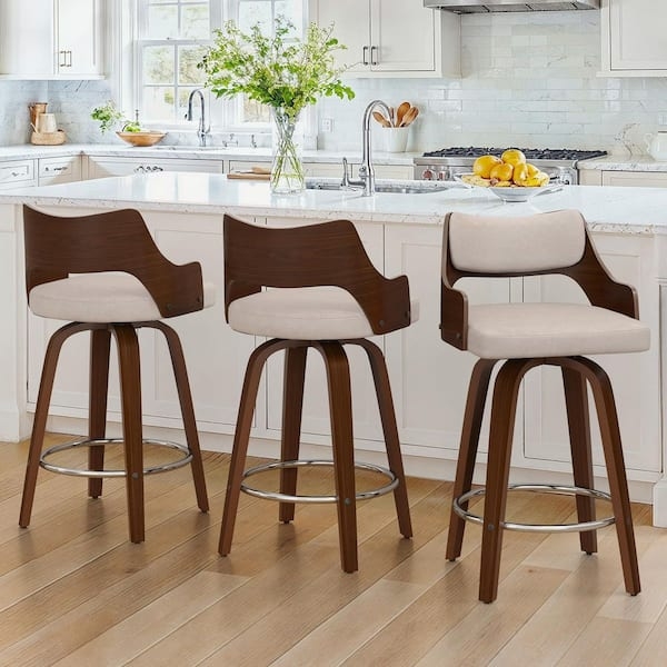 Bar Stool Walnut Curved Wood Back Swivel Mechanism Mid-Century