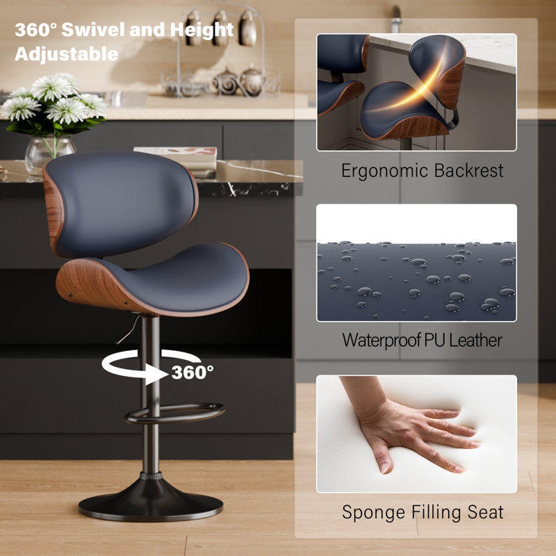Bar Stool Waterproof Upholstery Bentwood Shell 360 Swivel Dark Blue