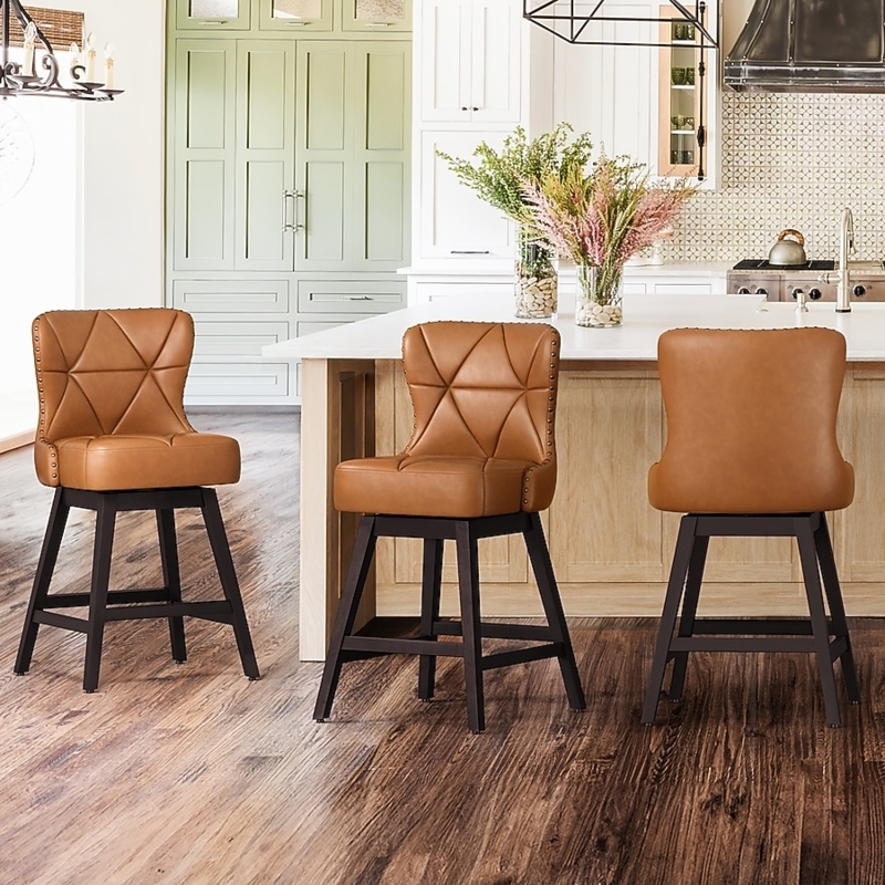 Bar Stool Whiskey Brown Diamond Quilted Back Nailhead Trim