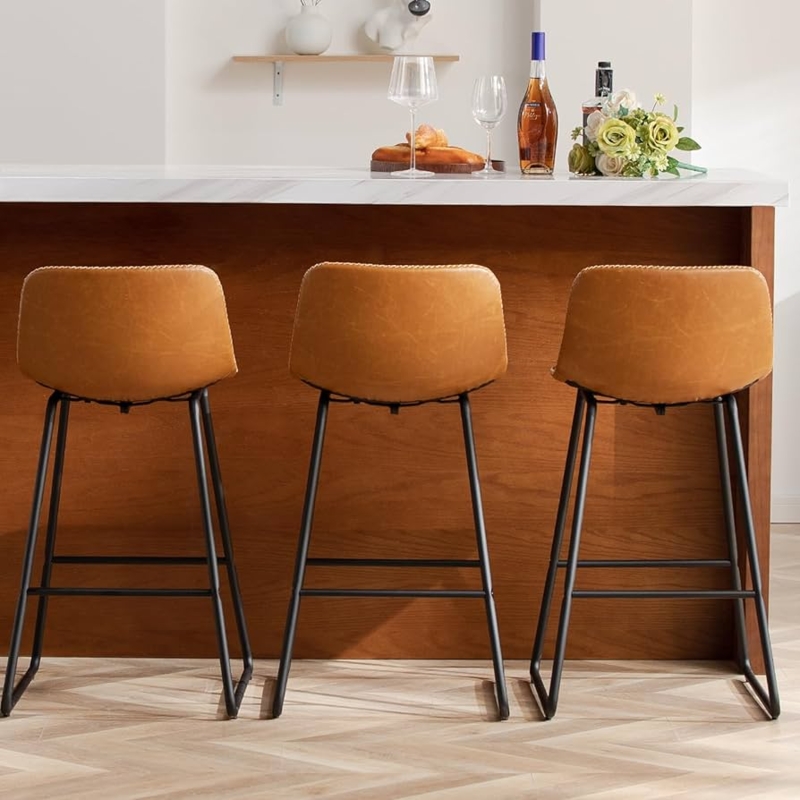 Bar Stool Whiskey Brown Leather-Like Sled Base Industrial Island