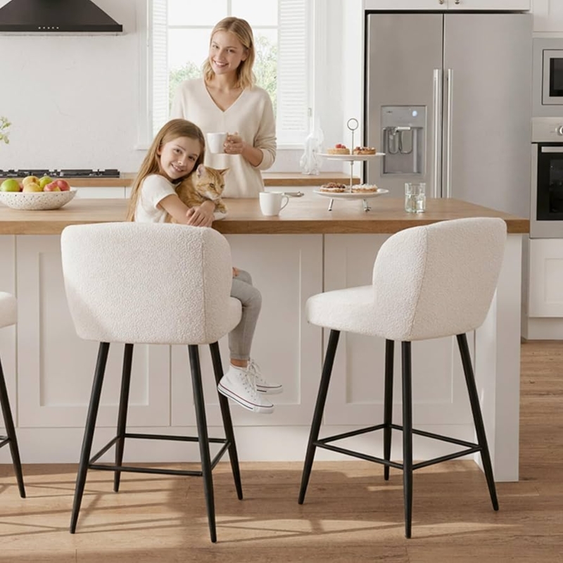 Bar Stool White Boucle Matte Black Tapered Legs