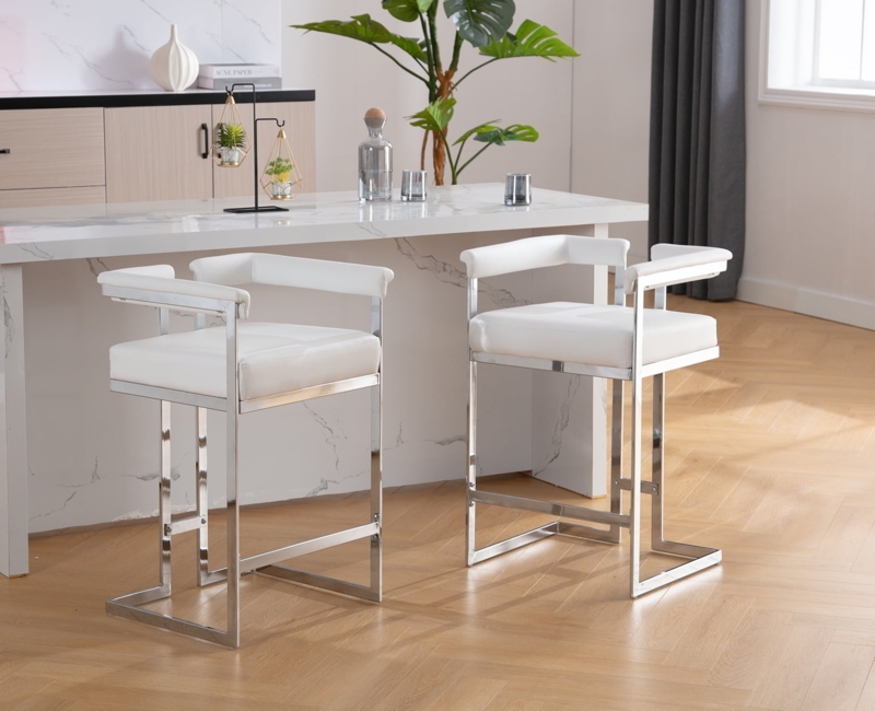 Bar Stool White Cantilever Open Back Polished Chrome Square Tubing