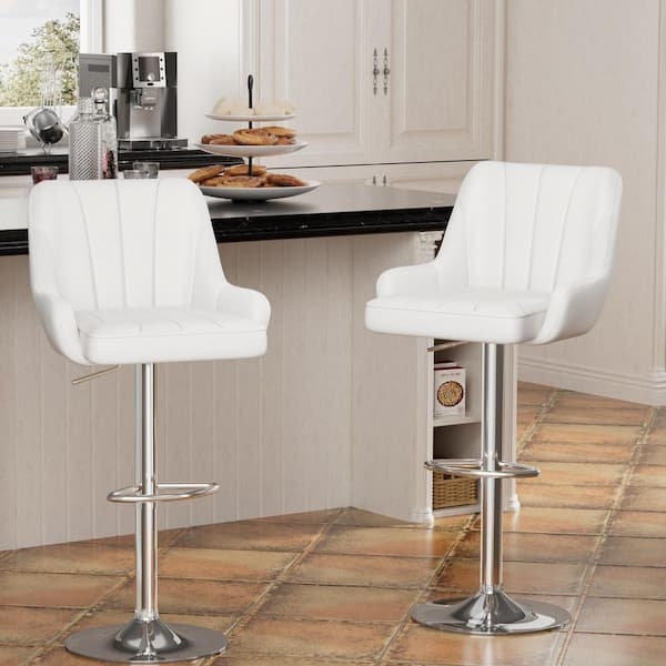 Bar Stool: White Faux Leather Ribbed Swivel, Polished Chrome Base