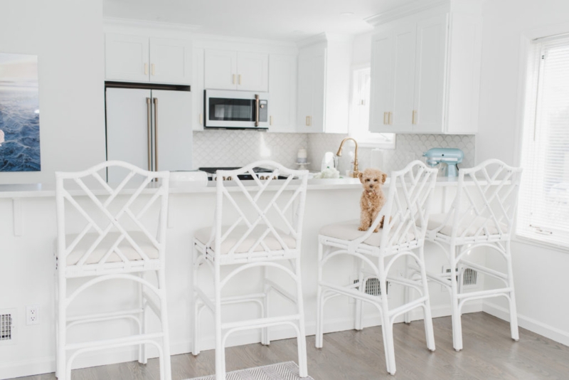 Bar Stool White Finish Lattice Back Rattan Frame Coastal Chinoiserie