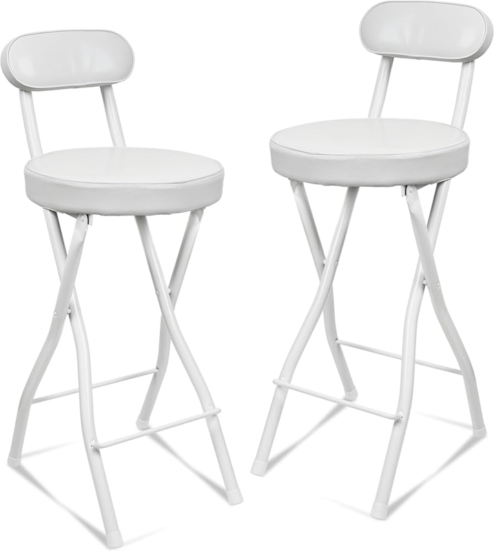 Bar Stool White Folding Metal Frame Padded Round Seat Curved Back
