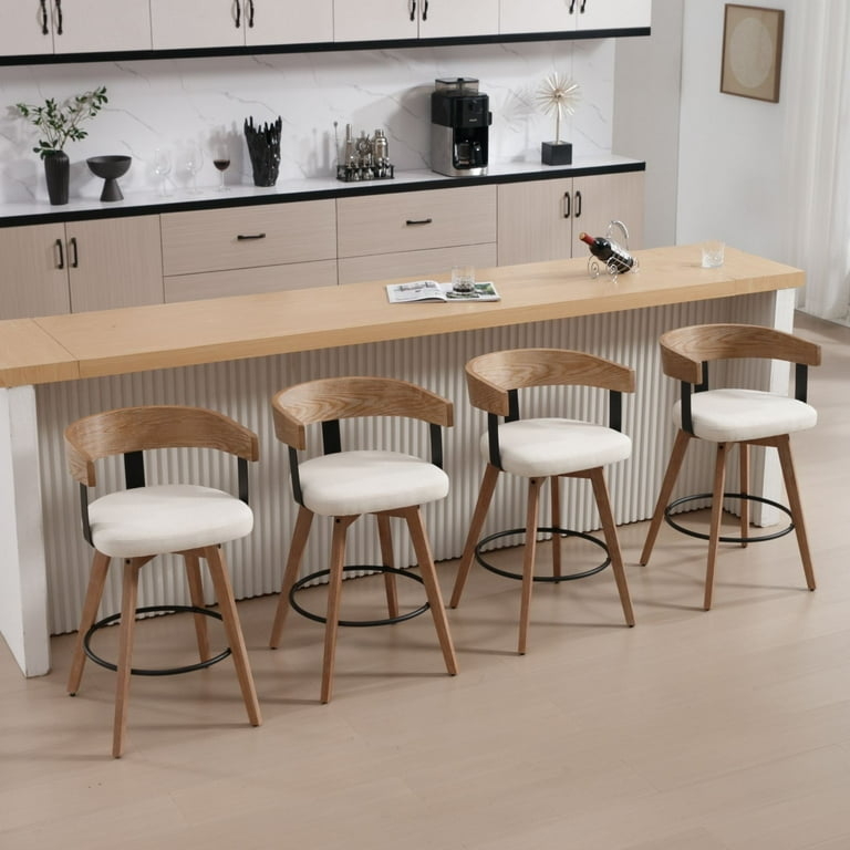 Bar Stool, White Linen-Like Swivel Seat, Natural Wood Barrel Back Frame