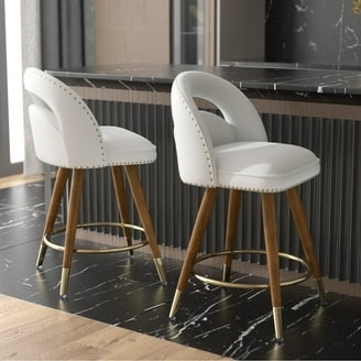 Bar Stool White Open Back Nailhead Trim Gold Leg Tips Modern Glam