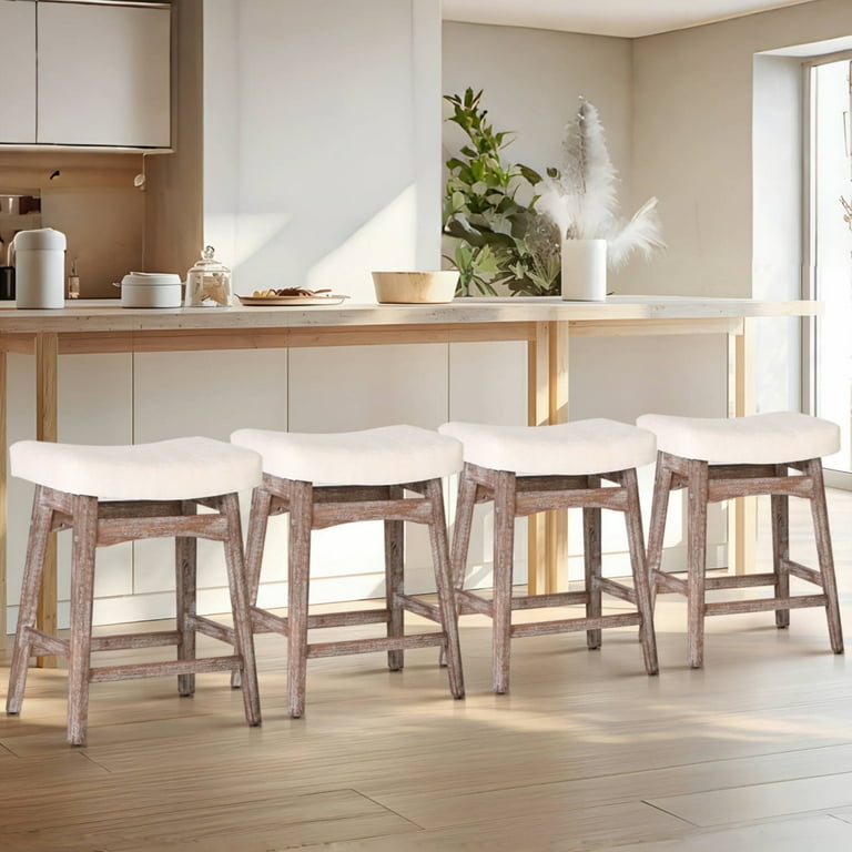 Bar Stool White Saddle Seat Distressed Wood Legs Backless Coastal