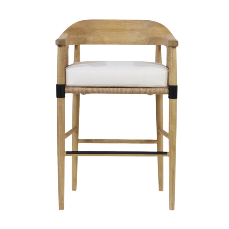 Bar Stool White Upholstery Black Accent Wraps Woven Frame Detail Wood