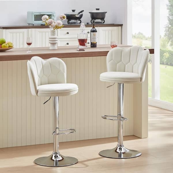 Bar Stool: White Velvet Honeycomb Quilted Back, Chrome Pedestal Base