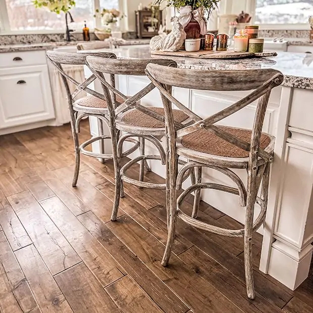 Bar Stool: Whitewashed Finish, Rustic Cross Back & Woven Seat.
