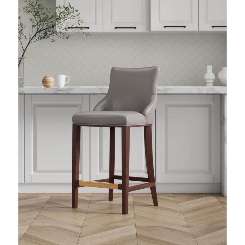 Bar Stool Wingback Taupe Leather-Like Brass Footrest Plate Transitional