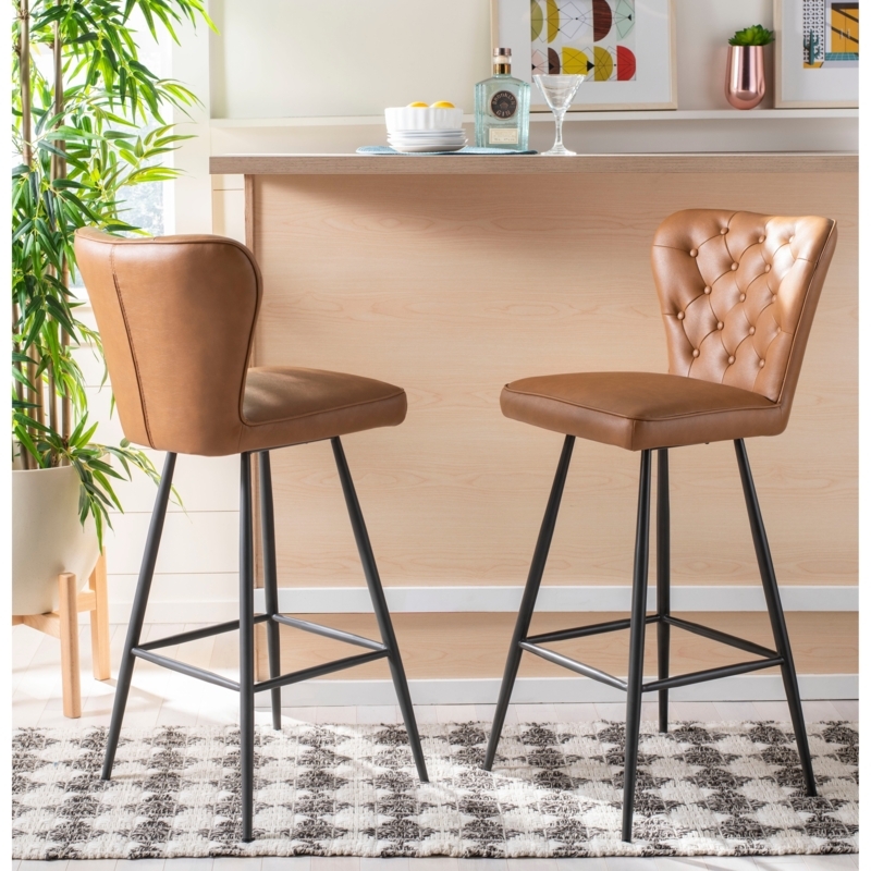 Bar Stool Winged Silhouette Tufted Leather-Like Tapered Legs