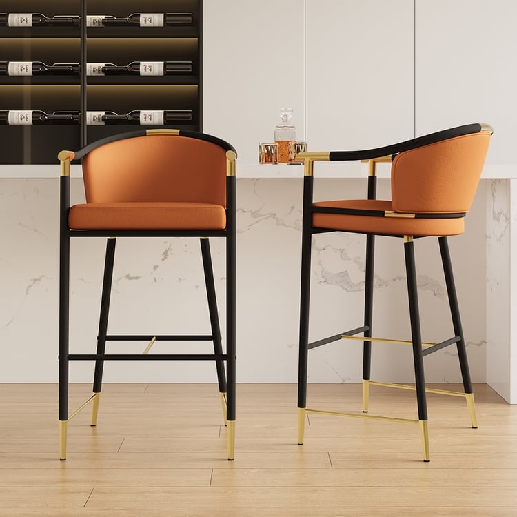 Bar Stool With Arms, Gold Accent Joints, Burnt Orange Velvet