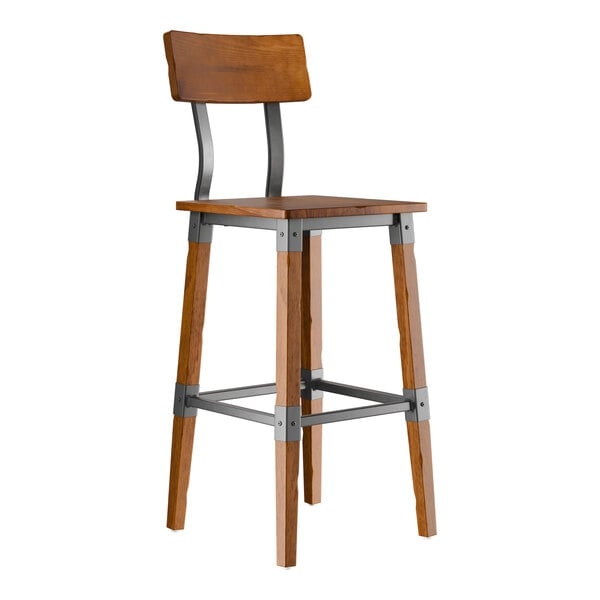 Bar Stool with Back: Wood Leg Inserts, Metal Brackets, Tall Profile
