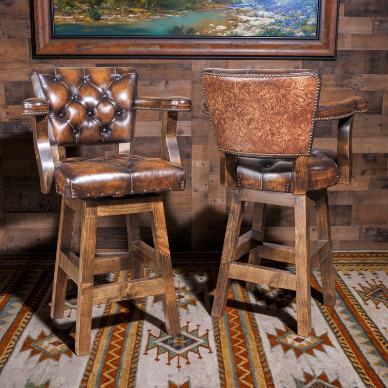 Bar Stool with Embossed Floral Back and Distressed Swivel Base