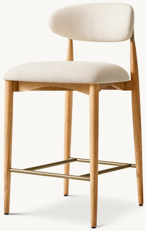 Bar Stool with Gold Toned Footrest Cream Curved Mid-Century