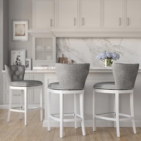 Bar Stool with Gray Upholstery Swivel Seat & Nailhead Trim in White Finish