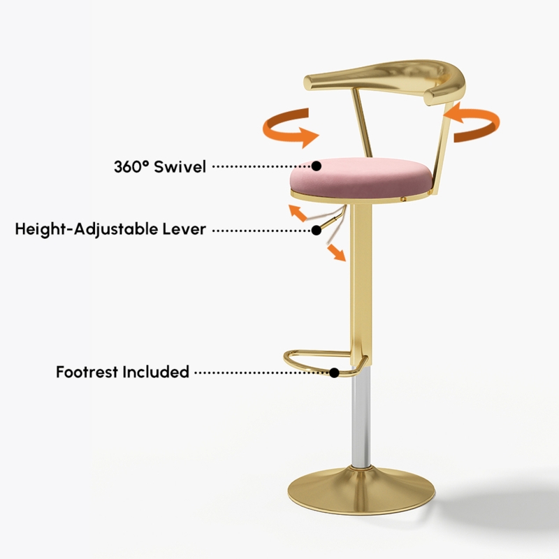Bar Stool with Pink Velvet-Like Seat and Polished Gold Pedestal Base