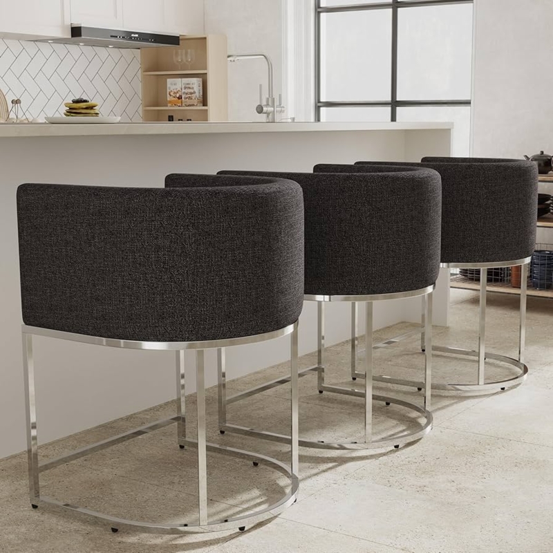 Bar Stool with Polished Chrome C-Shaped Base and Linen Seat