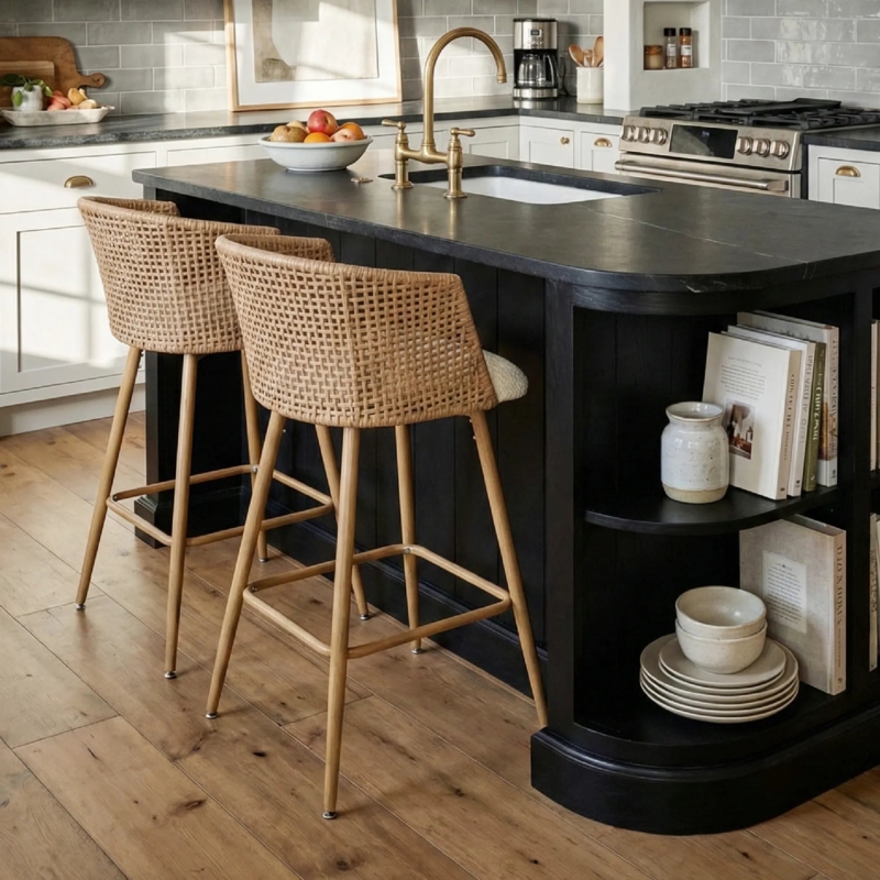 Bar Stool with Sherpa-like Boucle Bucket Seat and Woven Rattan Back