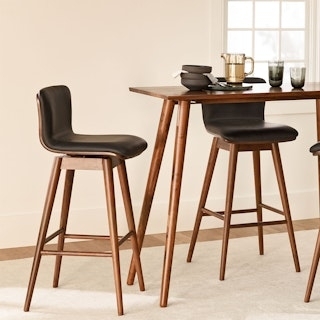 Bar Stool with Swivel Mechanism, Black Upholstery, Walnut Legs