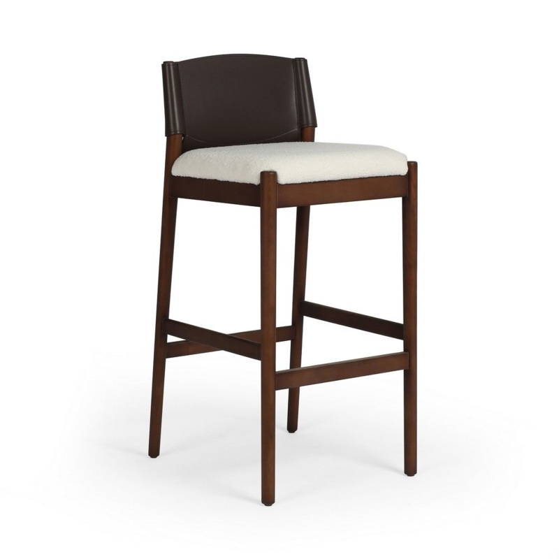 Bar Stool with White Boucle Seat and Leather-Like Backrest