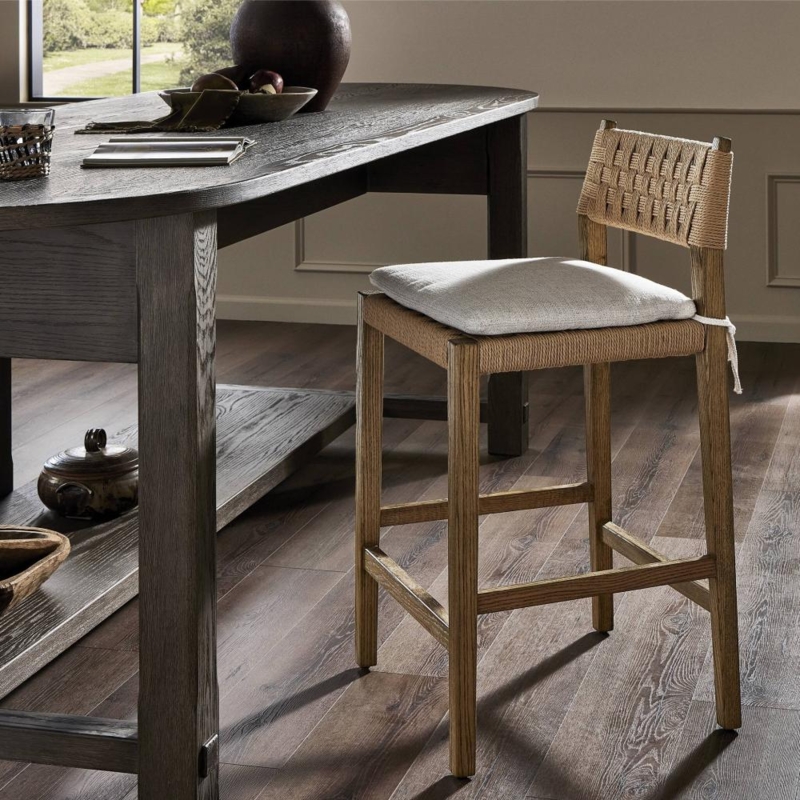 Bar Stool with Woven Cord Back Wood Organic Modern Rustic