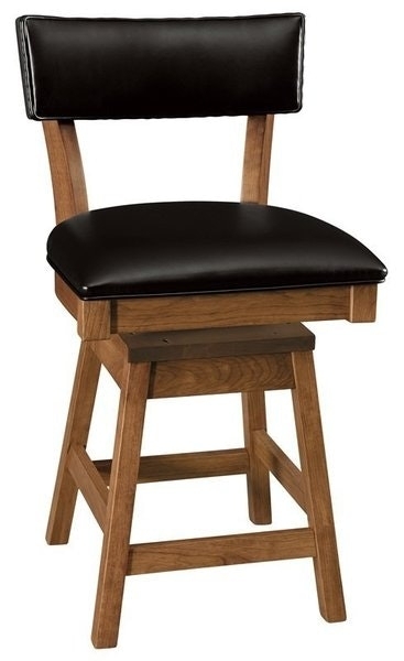 Bar Stool, Wood & Black Leather-Like Swivel Seat with Padded Backrest