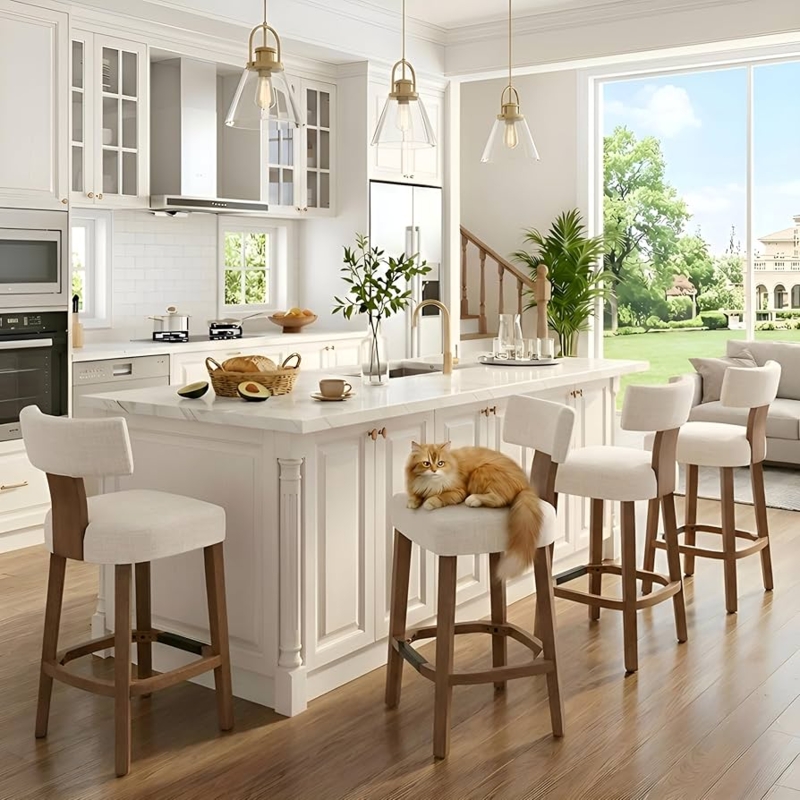 Bar Stool: Wood Framed Back, Beige Upholstered Seat & Footrest.