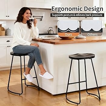 Bar Stool Wood Saddle Seat Backless Black Metal Frame