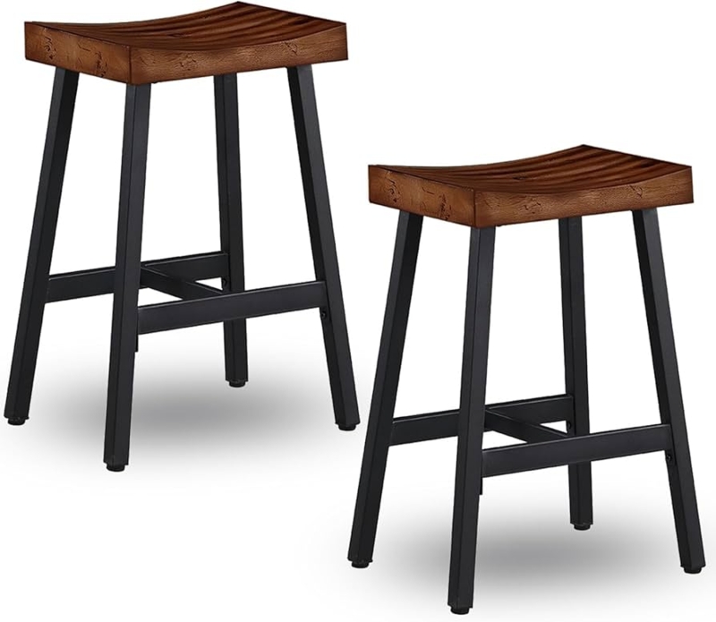 Bar Stool Wood Saddle Seat Black Metal Frame Industrial Rustic