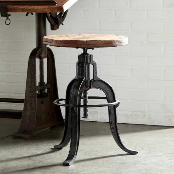 Bar Stool Wood Seat Tripod Legs Screw Lift Mechanism Industrial Rustic