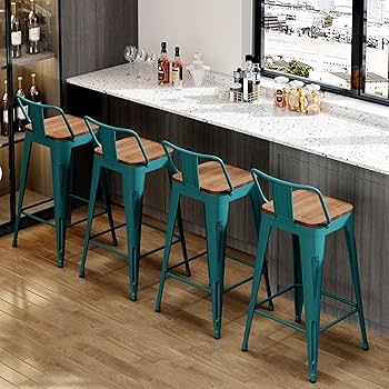 Bar Stool Wood Toned Seat Distressed Teal Metal Industrial Style